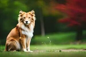 a dog sitting on the grass in front of a green background. AI-Generated photo