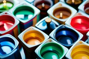 many different colored candles are arranged in a row. AI-Generated photo