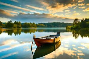 un barco se sienta en el calma agua a puesta de sol. generado por ai foto