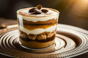 a dessert in a glass with a coffee cup. AI-Generated photo