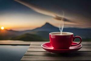 a cup of coffee on a wooden table with a view of the mountains. AI-Generated photo