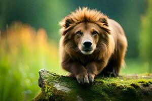 a lion is sitting on a log in the grass. AI-Generated photo