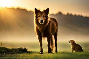 un perro y un caballo en pie en un campo a puesta de sol. generado por ai foto