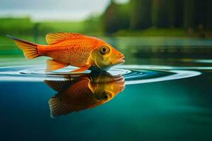 un pescado es reflejado en el agua en un lago. generado por ai foto