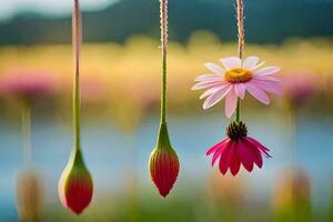 rosado flores colgando desde instrumentos de cuerda en frente de un lago. generado por ai foto