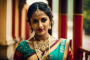 hermosa indio novia en tradicional sari generado por ai foto