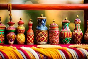 colorful wooden vases on display at a market. AI-Generated photo