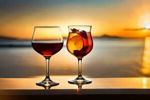 two wine glasses with fruit and wine on a table in front of the sunset. AI-Generated photo