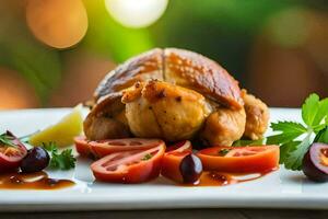 un pollo es servido en un plato con Tomates y Olivos. generado por ai foto