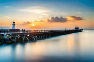 a long exposure photograph of a pier at sunset. AI-Generated photo