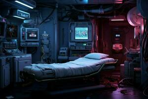 Technologically-advanced Cyberpunk doctor room space. Generate Ai photo