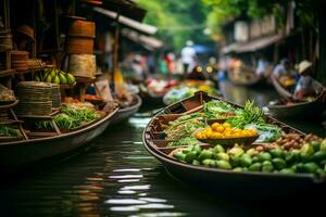 Unique Floating food market river. Generate Ai photo