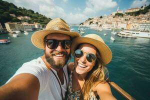 Exploratory Couple traveler selfie. Generate Ai photo