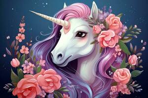 Vibrant Cute unicorn with flowers. Generate AI photo