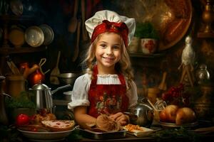 Skilled Cook girl kitchen. Generate Ai photo