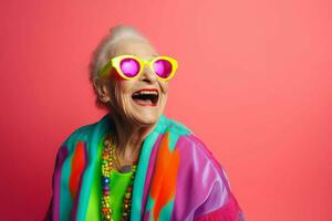 Colorful neon granny woman laughing. Generate ai photo