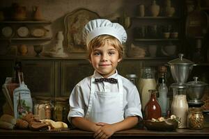 Diligent Cook child boy kitchen. Generate Ai photo