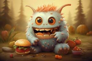 Hungry Cute monster eating. Generate Ai photo