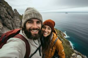 Youthful Couple traveler selfie. Generate Ai photo