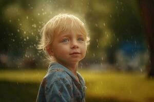 Blond child posing in park on rainy weather. Generate ai photo