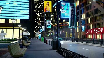 Urban city boulevard at night with cars driving past skyscrapers. Empty metropolitan town with streets illuminated by commercial signs and lamp posts, 3d render animation video