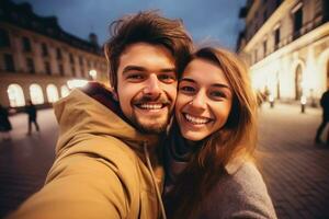 Young happy couple taking selfie in street city night. Generate Ai photo