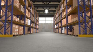 Empty warehouse filled with cardboard boxes stockpiled on shelves, ready to be shipped to clients worldwide, dolly out shot. Distribution center facility full of packages, 3D animation video