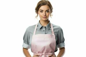 Young woman smiling and wearing kitchen apron. Generate Ai photo