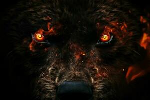 Ominous Bear face fiery red eyes. Generate Ai photo