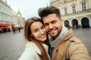 joven contento Pareja tomando selfie en ciudad punto de referencia. generar ai foto