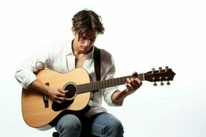 joven músico jugando guitarra aislado en blanco. generar ai foto