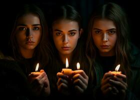 joven personas grupo con ardiente velas en oscuridad. generar ai foto