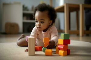 African baby playing with colorful cubes. Generate ai photo