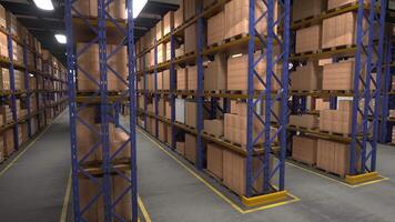 Panning shot of empty warehouse filled with cardboard boxes stockpiled on shelves, ready to be shipped to clients worldwide. Distribution center establishment full of parcels, 3D animation video