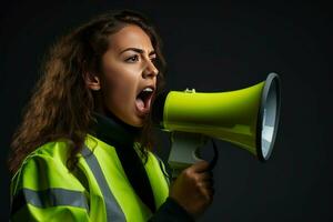 Young woman in reflective vest shouting megaphone. Generate AI photo