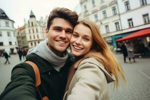 Young happy couple taking selfie in city of europe. Generate Ai photo