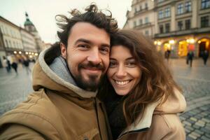 joven contento Pareja tomando selfie en calle ciudad. generar ai foto