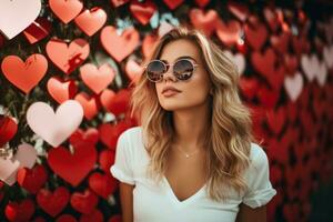 Young beautiful curly hair woman wearing sunglasses. Generate Ai photo