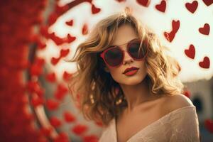 Young beautiful woman wearing sunglasses fashion hearts background. Generate Ai photo