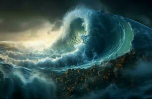 Relentless Tsunami wave. Generate Ai photo