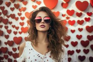 Young beautiful woman wearing red mirror sunglasses. Generate Ai photo