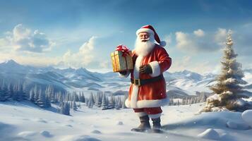 Cheerful santa claus with presents Standing beautiful in the sky vector art generated by Ai photo