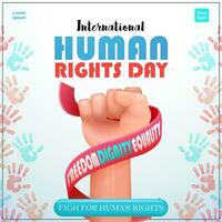 Human Rights Day, fist holding a ribbon saying human rights with colorful handprint frame. 3d vector suitable for events