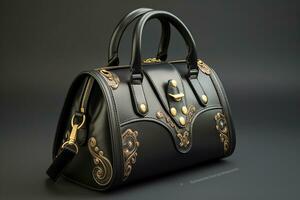 elegancia De las mujeres accesorios Moda negro hombro cuero bolso con dorado cadena ai generado foto