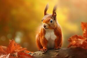 Beautiful fluffy red squirrel sitting in autumn Park on a tree AI Generated photo