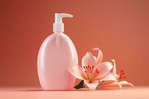 Cosmetic bottle with pink flower. Minimal background for branding and product presentation AI Generated photo