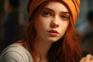 retrato de un bonito Adolescente niña con largo marrón ondulado pelo y marrón ojos ai generado foto