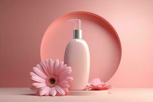 Cosmetic bottle with pink flower. Minimal background for branding and product presentation AI Generated photo