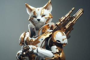 alto tecnología guerrero gato robot en blanco y oro ai generado foto