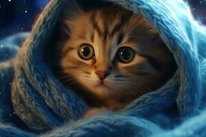 Cute kitten wrapped in scarf AI Generated photo